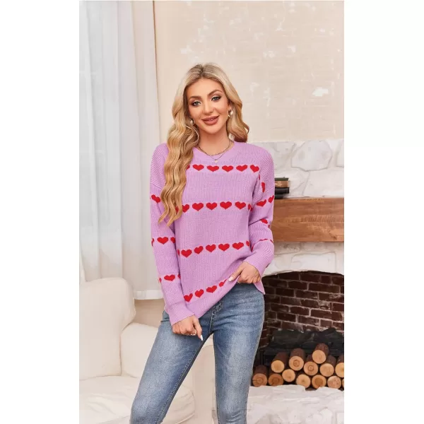ECOWISH Women Valentine Heart Sweater V Neck Embroidery Knit Loose Casual Long Sleeve Ribbed Pullover Sweaters3412 Pink