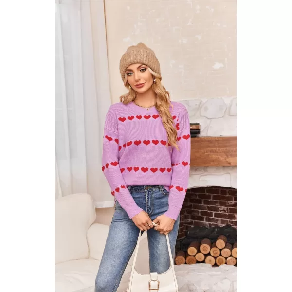 ECOWISH Women Valentine Heart Sweater V Neck Embroidery Knit Loose Casual Long Sleeve Ribbed Pullover Sweaters3412 Pink