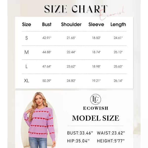 ECOWISH Women Valentine Heart Sweater V Neck Embroidery Knit Loose Casual Long Sleeve Ribbed Pullover Sweaters3412 Pink