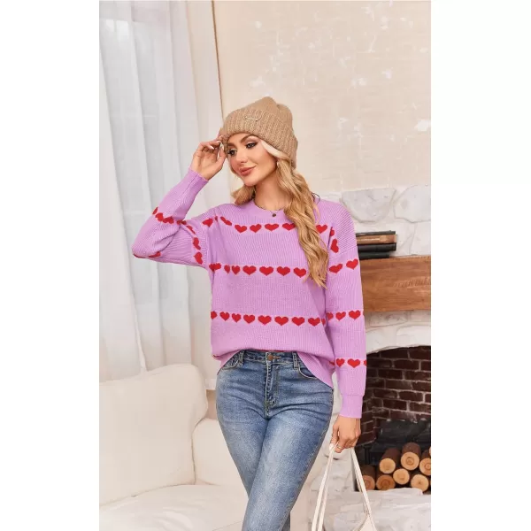 ECOWISH Women Valentine Heart Sweater V Neck Embroidery Knit Loose Casual Long Sleeve Ribbed Pullover Sweaters3412 Pink
