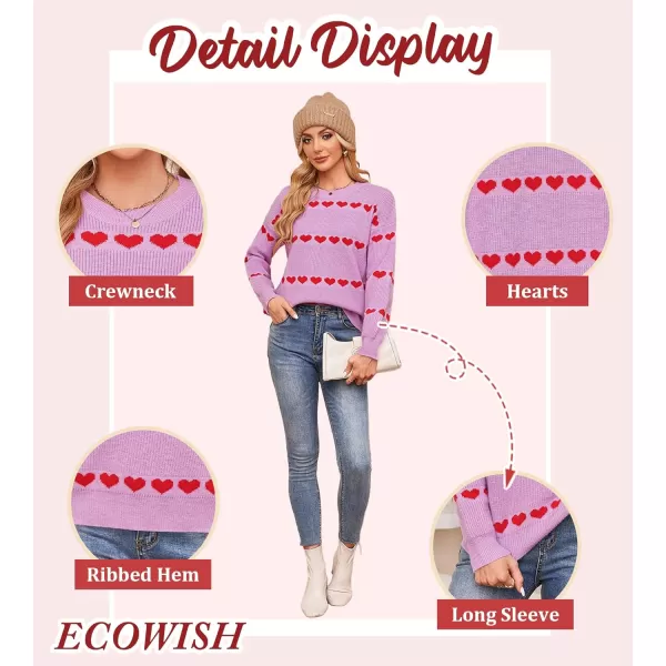 ECOWISH Women Valentine Heart Sweater V Neck Embroidery Knit Loose Casual Long Sleeve Ribbed Pullover Sweaters3412 Pink