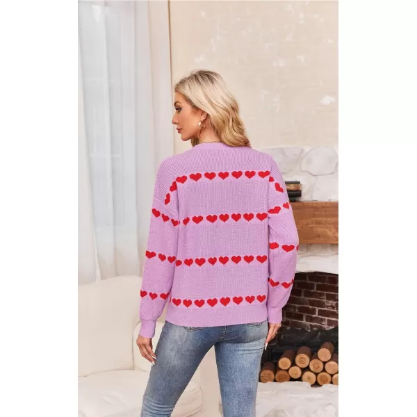 ECOWISH Women Valentine Heart Sweater V Neck Embroidery Knit Loose Casual Long Sleeve Ribbed Pullover Sweaters3412 Pink