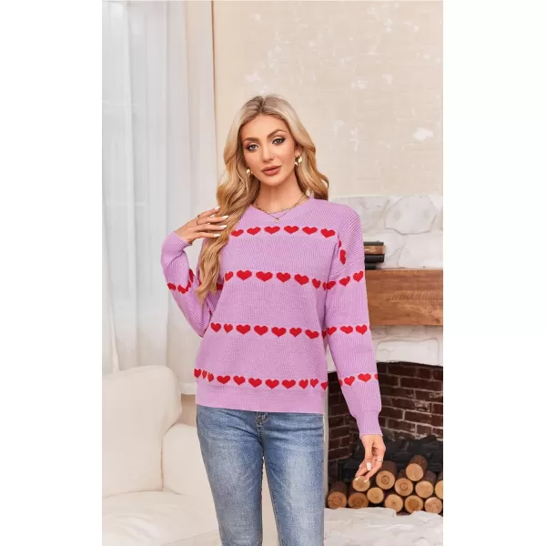 ECOWISH Women Valentine Heart Sweater V Neck Embroidery Knit Loose Casual Long Sleeve Ribbed Pullover Sweaters3412 Pink