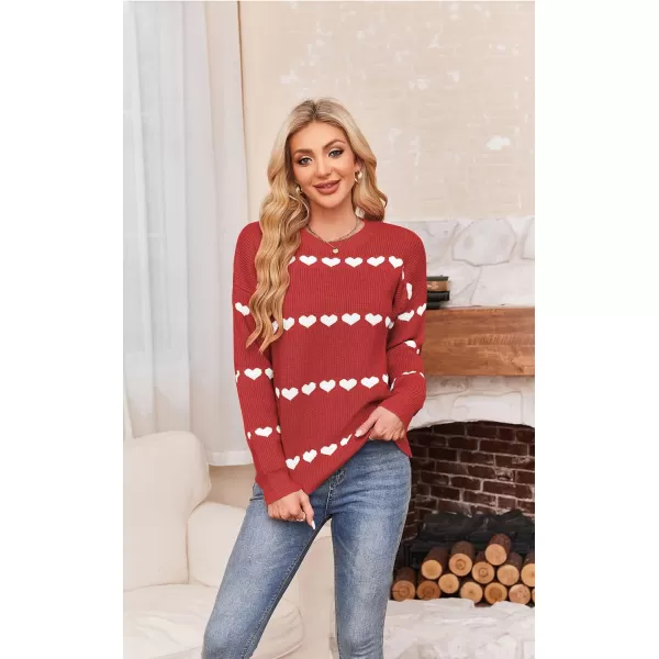 ECOWISH Women Valentine Heart Sweater V Neck Embroidery Knit Loose Casual Long Sleeve Ribbed Pullover Sweaters3412 Red