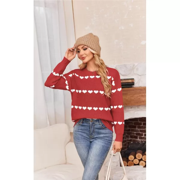 ECOWISH Women Valentine Heart Sweater V Neck Embroidery Knit Loose Casual Long Sleeve Ribbed Pullover Sweaters3412 Red