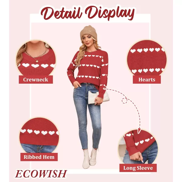 ECOWISH Women Valentine Heart Sweater V Neck Embroidery Knit Loose Casual Long Sleeve Ribbed Pullover Sweaters3412 Red