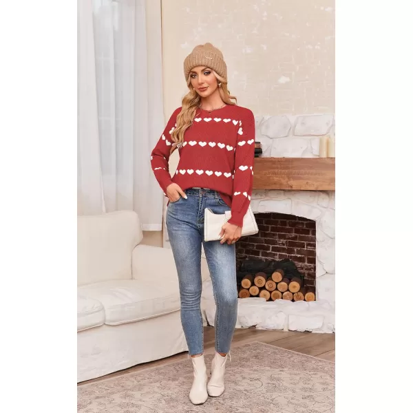 ECOWISH Women Valentine Heart Sweater V Neck Embroidery Knit Loose Casual Long Sleeve Ribbed Pullover Sweaters3412 Red