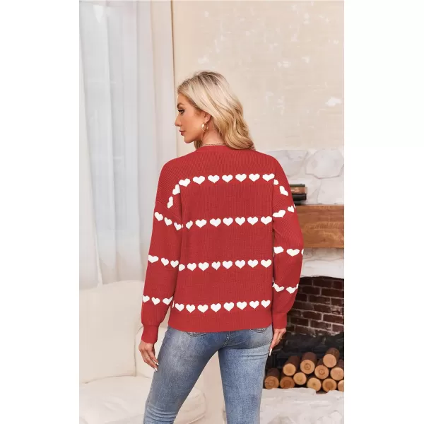 ECOWISH Women Valentine Heart Sweater V Neck Embroidery Knit Loose Casual Long Sleeve Ribbed Pullover Sweaters3412 Red