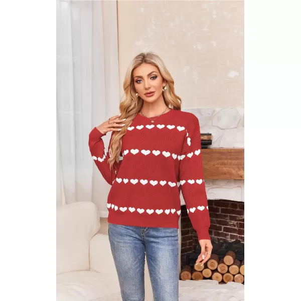 ECOWISH Women Valentine Heart Sweater V Neck Embroidery Knit Loose Casual Long Sleeve Ribbed Pullover Sweaters3412 Red