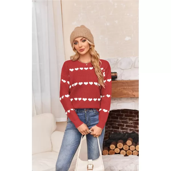 ECOWISH Women Valentine Heart Sweater V Neck Embroidery Knit Loose Casual Long Sleeve Ribbed Pullover Sweaters3412 Red