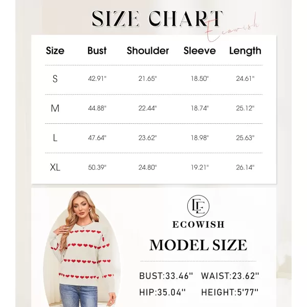 ECOWISH Women Valentine Heart Sweater V Neck Embroidery Knit Loose Casual Long Sleeve Ribbed Pullover Sweaters3412 White
