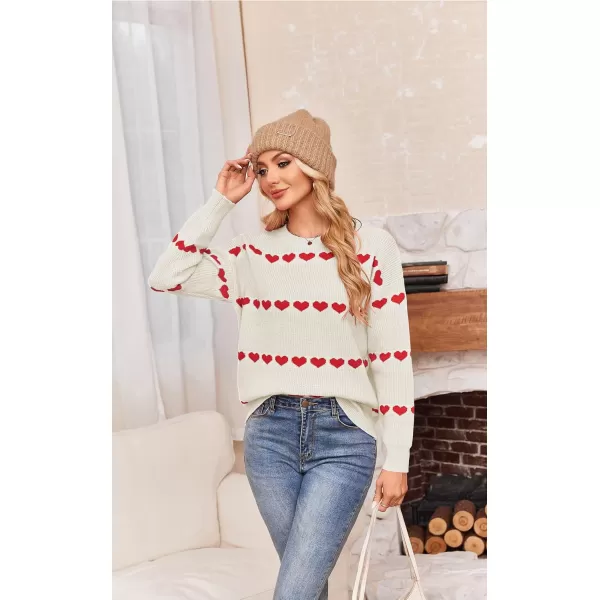 ECOWISH Women Valentine Heart Sweater V Neck Embroidery Knit Loose Casual Long Sleeve Ribbed Pullover Sweaters3412 White