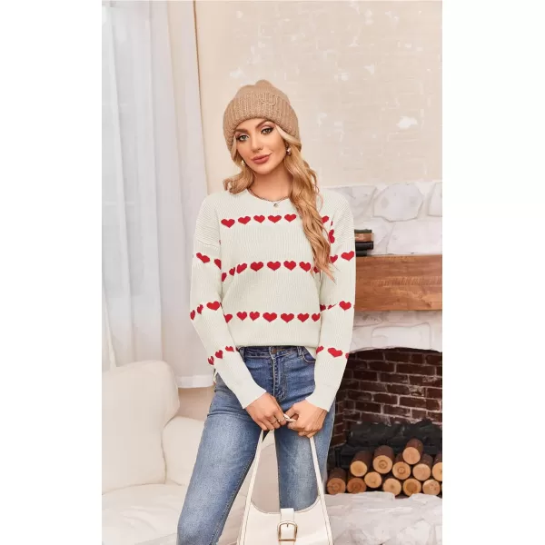 ECOWISH Women Valentine Heart Sweater V Neck Embroidery Knit Loose Casual Long Sleeve Ribbed Pullover Sweaters3412 White