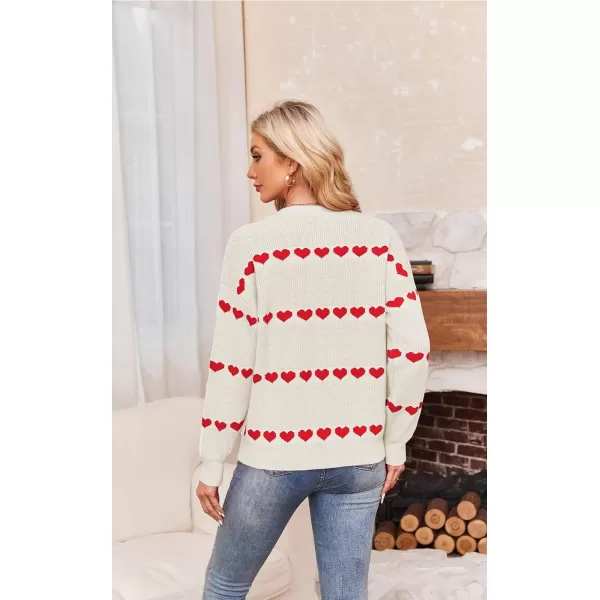 ECOWISH Women Valentine Heart Sweater V Neck Embroidery Knit Loose Casual Long Sleeve Ribbed Pullover Sweaters3412 White