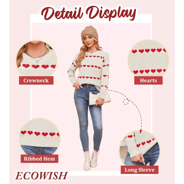 ECOWISH Women Valentine Heart Sweater V Neck Embroidery Knit Loose Casual Long Sleeve Ribbed Pullover Sweaters3412 White