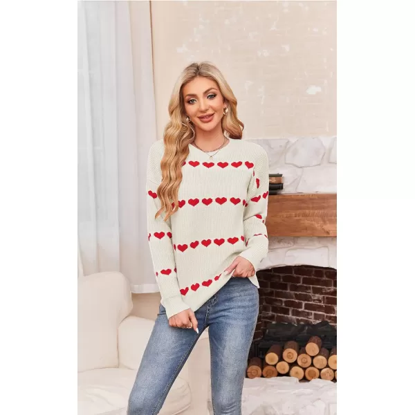 ECOWISH Women Valentine Heart Sweater V Neck Embroidery Knit Loose Casual Long Sleeve Ribbed Pullover Sweaters3412 White