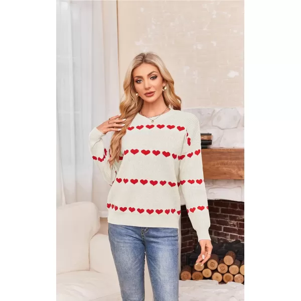 ECOWISH Women Valentine Heart Sweater V Neck Embroidery Knit Loose Casual Long Sleeve Ribbed Pullover Sweaters3412 White