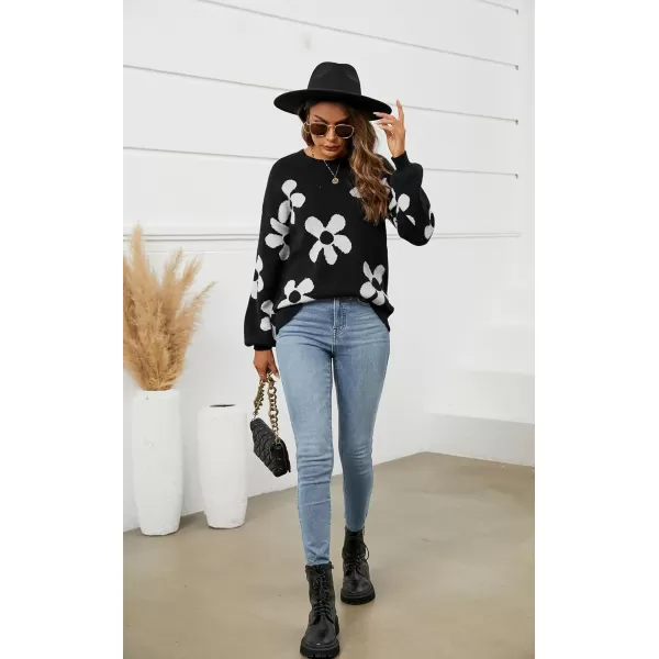 ECOWISH Women Valentine Heart Sweater V Neck Embroidery Knit Loose Casual Long Sleeve Ribbed Pullover Sweaters355 Black