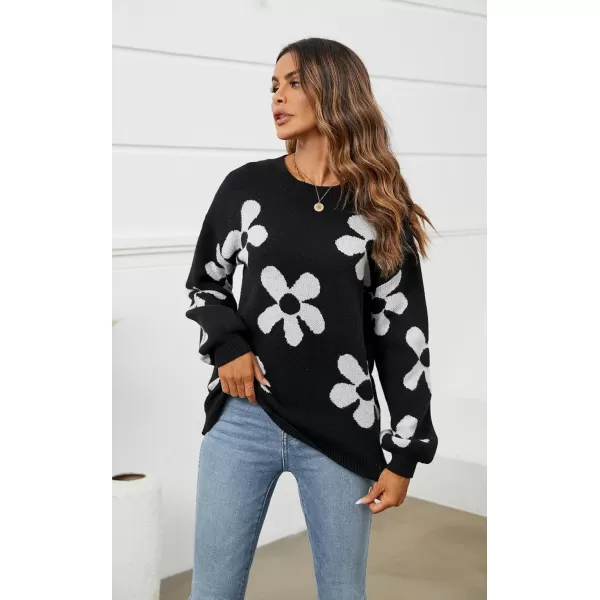 ECOWISH Women Valentine Heart Sweater V Neck Embroidery Knit Loose Casual Long Sleeve Ribbed Pullover Sweaters355 Black