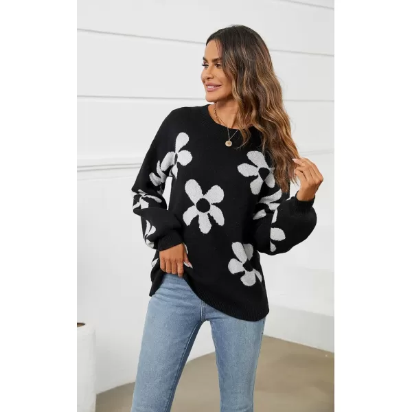 ECOWISH Women Valentine Heart Sweater V Neck Embroidery Knit Loose Casual Long Sleeve Ribbed Pullover Sweaters355 Black