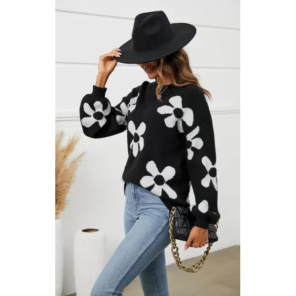 ECOWISH Women Valentine Heart Sweater V Neck Embroidery Knit Loose Casual Long Sleeve Ribbed Pullover Sweaters355 Black