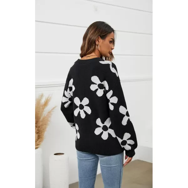 ECOWISH Women Valentine Heart Sweater V Neck Embroidery Knit Loose Casual Long Sleeve Ribbed Pullover Sweaters355 Black