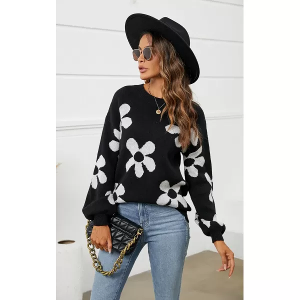 ECOWISH Women Valentine Heart Sweater V Neck Embroidery Knit Loose Casual Long Sleeve Ribbed Pullover Sweaters355 Black