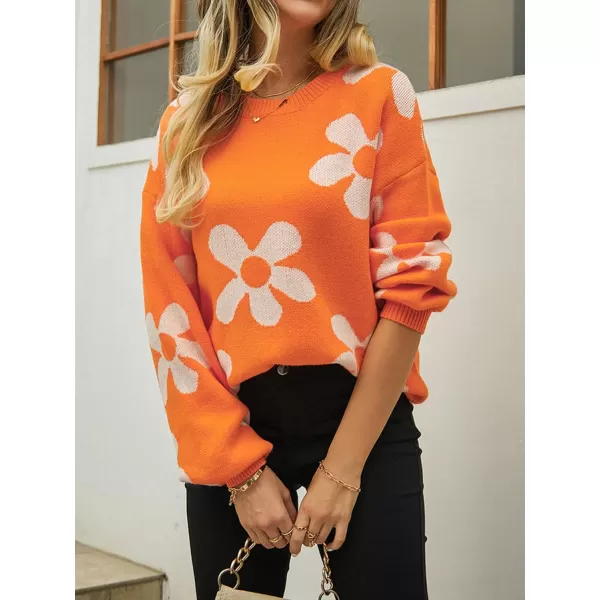 ECOWISH Women Valentine Heart Sweater V Neck Embroidery Knit Loose Casual Long Sleeve Ribbed Pullover Sweaters355 Orange