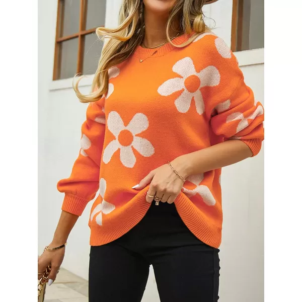 ECOWISH Women Valentine Heart Sweater V Neck Embroidery Knit Loose Casual Long Sleeve Ribbed Pullover Sweaters355 Orange