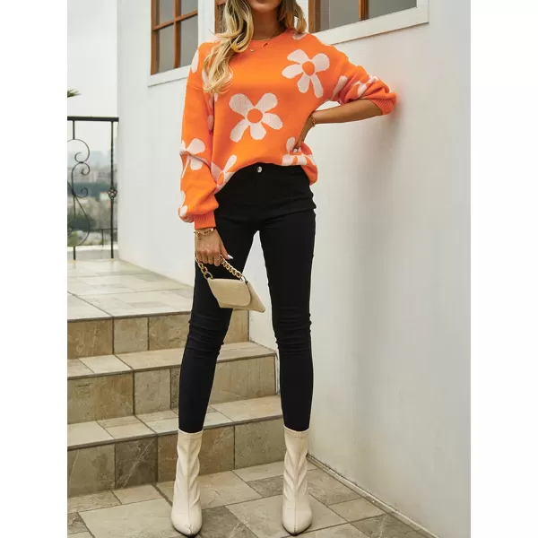 ECOWISH Women Valentine Heart Sweater V Neck Embroidery Knit Loose Casual Long Sleeve Ribbed Pullover Sweaters355 Orange