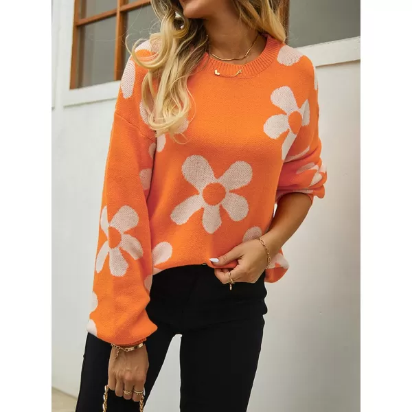 ECOWISH Women Valentine Heart Sweater V Neck Embroidery Knit Loose Casual Long Sleeve Ribbed Pullover Sweaters355 Orange