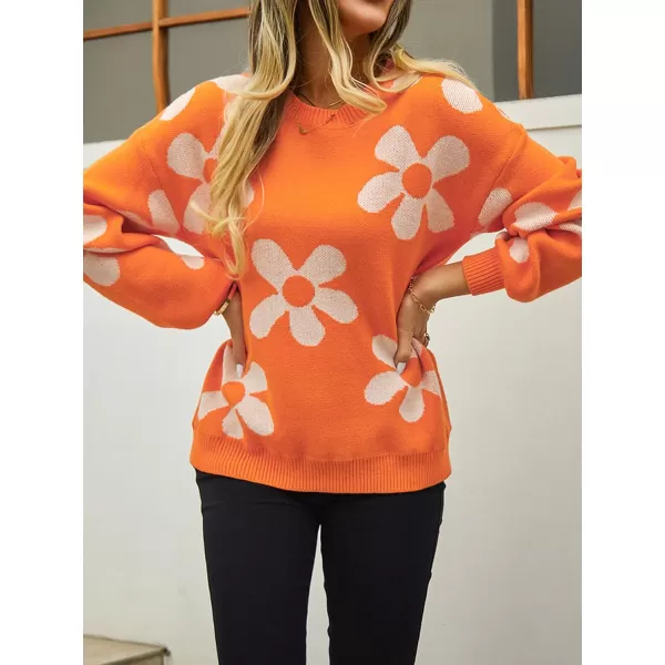 ECOWISH Women Valentine Heart Sweater V Neck Embroidery Knit Loose Casual Long Sleeve Ribbed Pullover Sweaters355 Orange