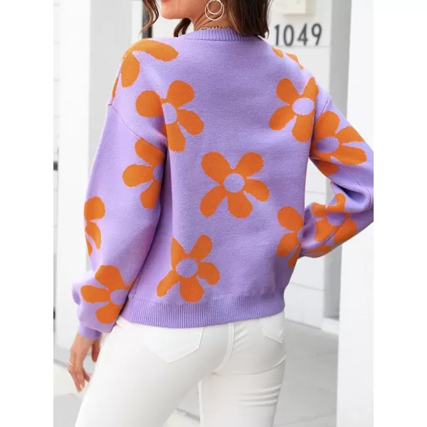 ECOWISH Women Valentine Heart Sweater V Neck Embroidery Knit Loose Casual Long Sleeve Ribbed Pullover Sweaters355 Purple