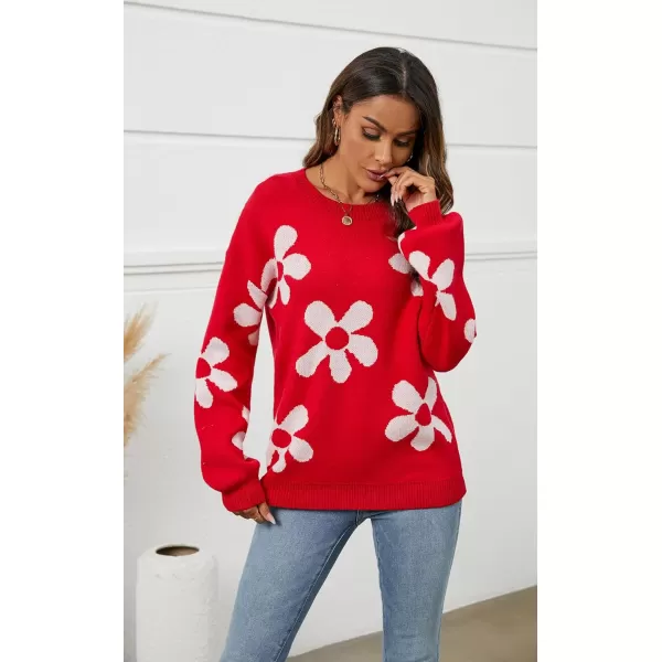 ECOWISH Women Valentine Heart Sweater V Neck Embroidery Knit Loose Casual Long Sleeve Ribbed Pullover Sweaters355 Red