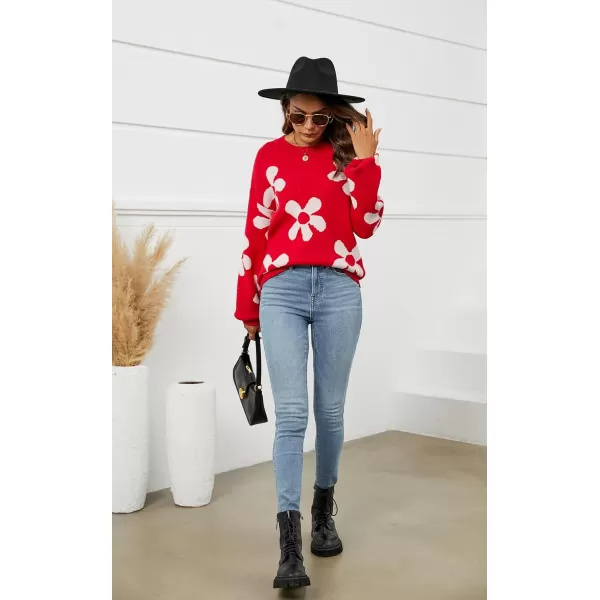 ECOWISH Women Valentine Heart Sweater V Neck Embroidery Knit Loose Casual Long Sleeve Ribbed Pullover Sweaters355 Red