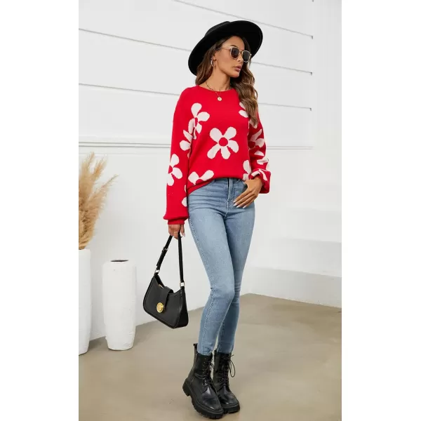 ECOWISH Women Valentine Heart Sweater V Neck Embroidery Knit Loose Casual Long Sleeve Ribbed Pullover Sweaters355 Red