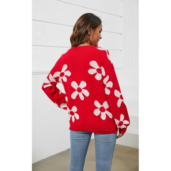 ECOWISH Women Valentine Heart Sweater V Neck Embroidery Knit Loose Casual Long Sleeve Ribbed Pullover Sweaters355 Red
