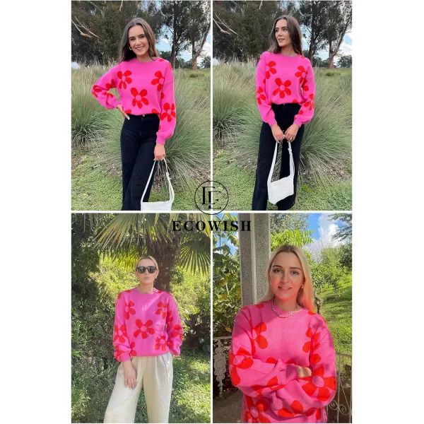 ECOWISH Women Valentine Heart Sweater V Neck Embroidery Knit Loose Casual Long Sleeve Ribbed Pullover Sweaters355 Rose Pink