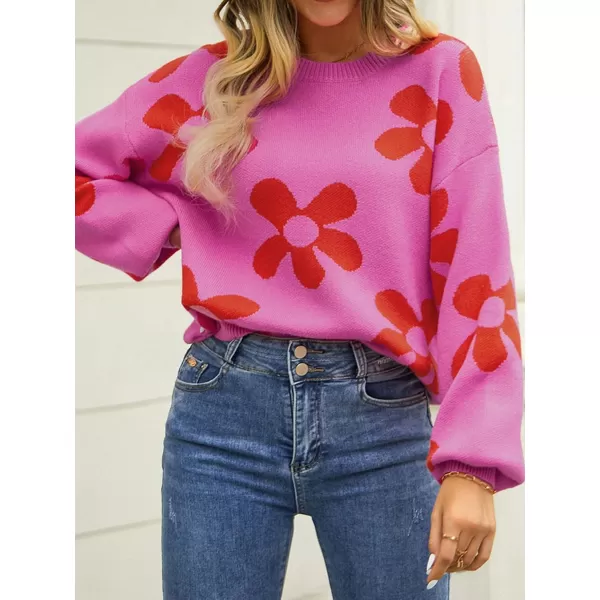 ECOWISH Women Valentine Heart Sweater V Neck Embroidery Knit Loose Casual Long Sleeve Ribbed Pullover Sweaters355 Rose Pink