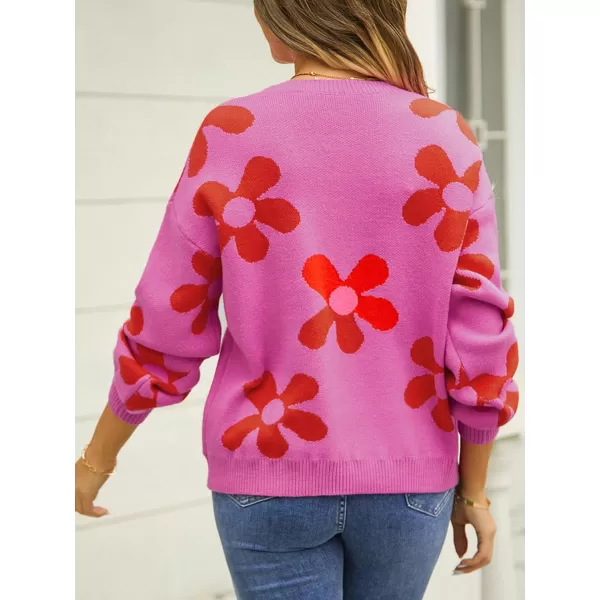 ECOWISH Women Valentine Heart Sweater V Neck Embroidery Knit Loose Casual Long Sleeve Ribbed Pullover Sweaters355 Rose Pink