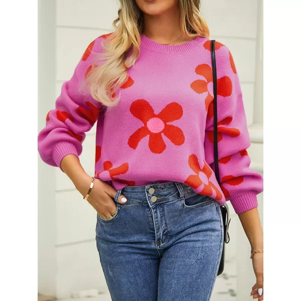 ECOWISH Women Valentine Heart Sweater V Neck Embroidery Knit Loose Casual Long Sleeve Ribbed Pullover Sweaters355 Rose Pink