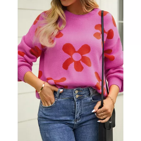 ECOWISH Women Valentine Heart Sweater V Neck Embroidery Knit Loose Casual Long Sleeve Ribbed Pullover Sweaters355 Rose Pink