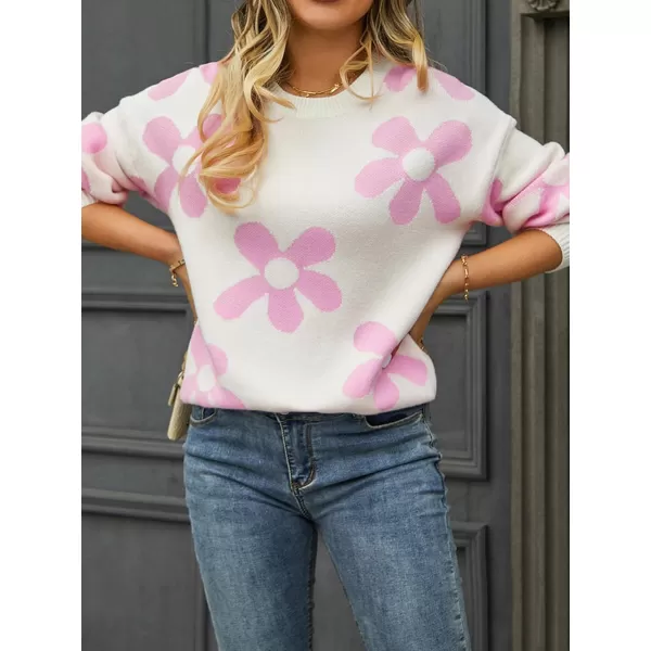 ECOWISH Women Valentine Heart Sweater V Neck Embroidery Knit Loose Casual Long Sleeve Ribbed Pullover Sweaters355 White