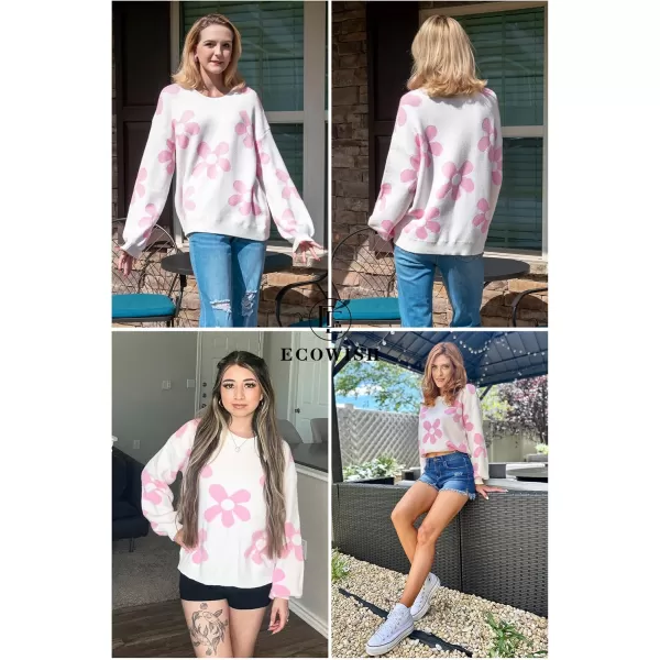 ECOWISH Women Valentine Heart Sweater V Neck Embroidery Knit Loose Casual Long Sleeve Ribbed Pullover Sweaters355 White