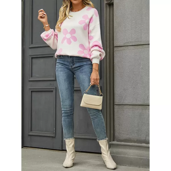 ECOWISH Women Valentine Heart Sweater V Neck Embroidery Knit Loose Casual Long Sleeve Ribbed Pullover Sweaters355 White