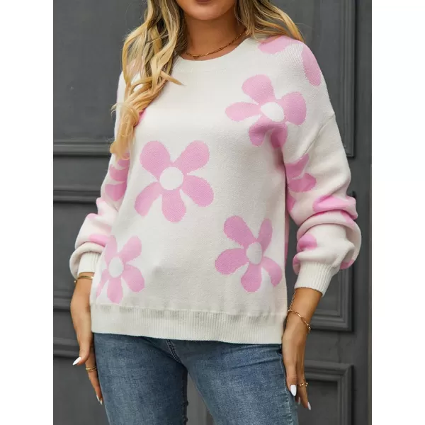 ECOWISH Women Valentine Heart Sweater V Neck Embroidery Knit Loose Casual Long Sleeve Ribbed Pullover Sweaters355 White