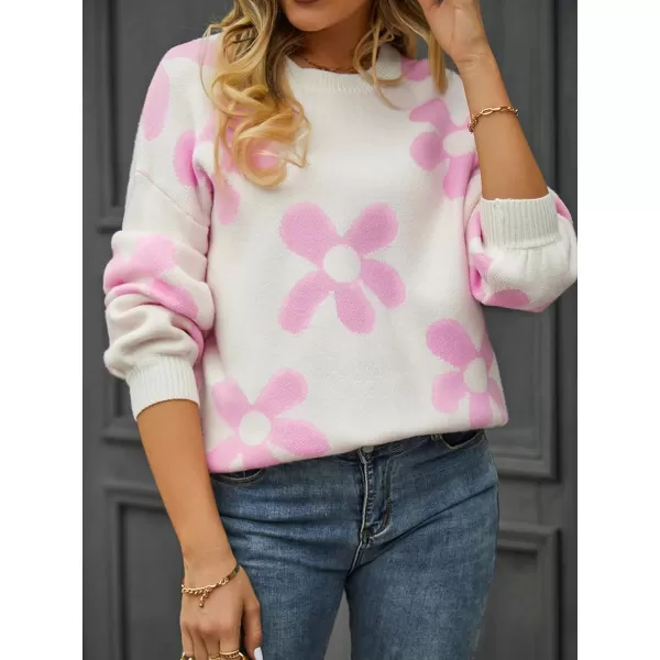 ECOWISH Women Valentine Heart Sweater V Neck Embroidery Knit Loose Casual Long Sleeve Ribbed Pullover Sweaters355 White