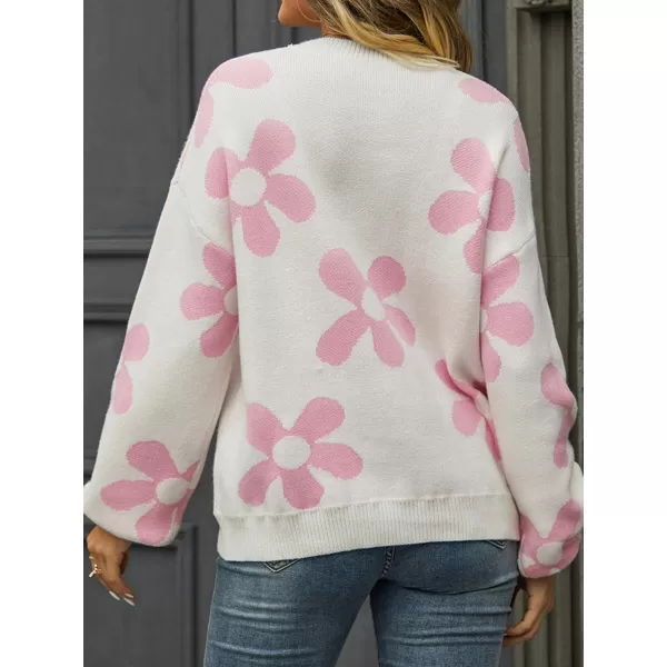 ECOWISH Women Valentine Heart Sweater V Neck Embroidery Knit Loose Casual Long Sleeve Ribbed Pullover Sweaters355 White