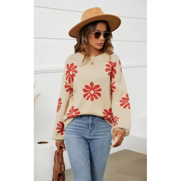 ECOWISH Women Valentine Heart Sweater V Neck Embroidery Knit Loose Casual Long Sleeve Ribbed Pullover Sweaters372 Beige
