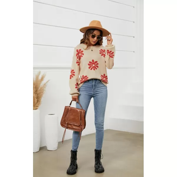 ECOWISH Women Valentine Heart Sweater V Neck Embroidery Knit Loose Casual Long Sleeve Ribbed Pullover Sweaters372 Beige